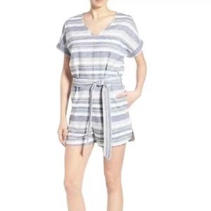 Madewell Perimeter Blue White Stripe Belted Linen Romper